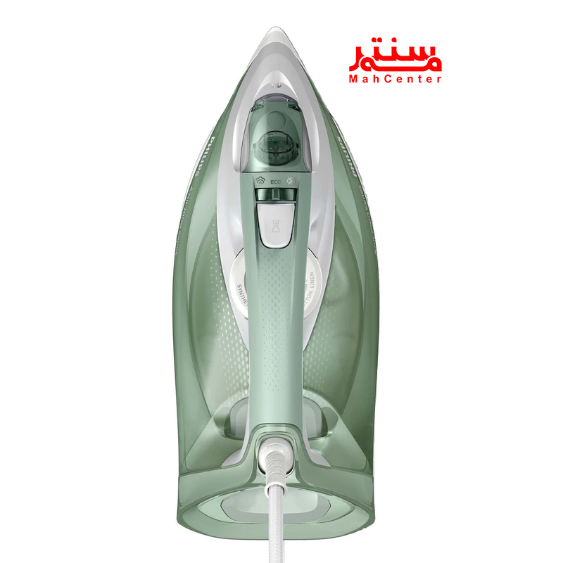 تصویر اتو بخار فیلیپس مدل DST7012 فیروزه‌ای با کابل 2 متری و مخزن رسوب‌گیر.