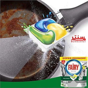 بسته ۹۶ عددی قرص ماشین ظرفشویی فیری پلاتینیوم با رایحه لیمو، برای تمیزی و درخشندگی بی‌نقص ظروف.