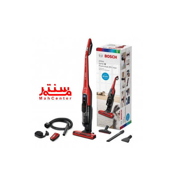 جارو شارژی بوش BCH86PET1 با لوازم جانبی متنوع از جمله شلنگ انعطاف‌پذیر و نازل بلند برای گوشه‌ها.