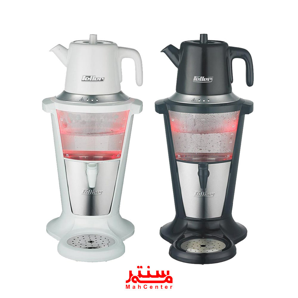 نمای نزدیک از سماور برقی فلر TS301 سفید با قوری چینی 1 لیتری و طراحی مدرن.