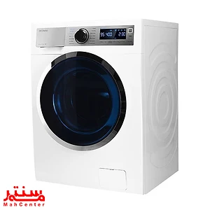 نمای جلویی ماشین لباسشویی دوو سری ذن لایف LM-860WS با رنگ سفید و پنل نقره‌ای، مجهز به صفحه نمایش لمسی LED.