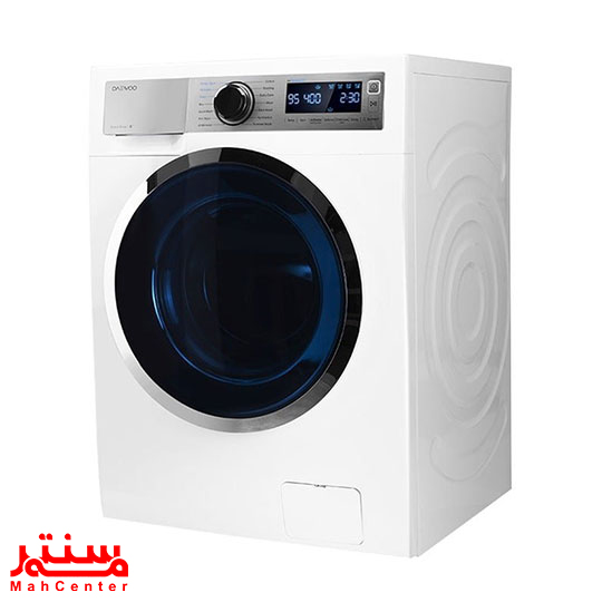 نمای جلویی ماشین لباسشویی دوو سری ذن لایف LM-860WS با رنگ سفید و پنل نقره‌ای، مجهز به صفحه نمایش لمسی LED.