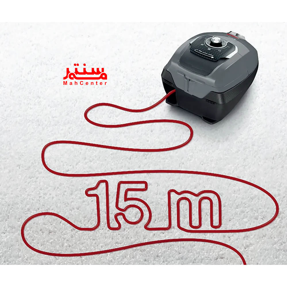 جاروبرقی بوش سری 8 پرو 5 با لوله خرطومی کنفی مقاوم و شعاع عملکرد 15 متری، ایده‌آل برای خانه‌های بزرگ.