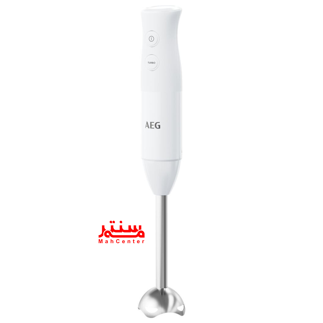 گوشت‌کوب برقی چندکاره آاگ مدل HB4-1-6CW با طراحی سفید و ارگونومیک در حال پوره کردن سوپ در آشپزخانه.