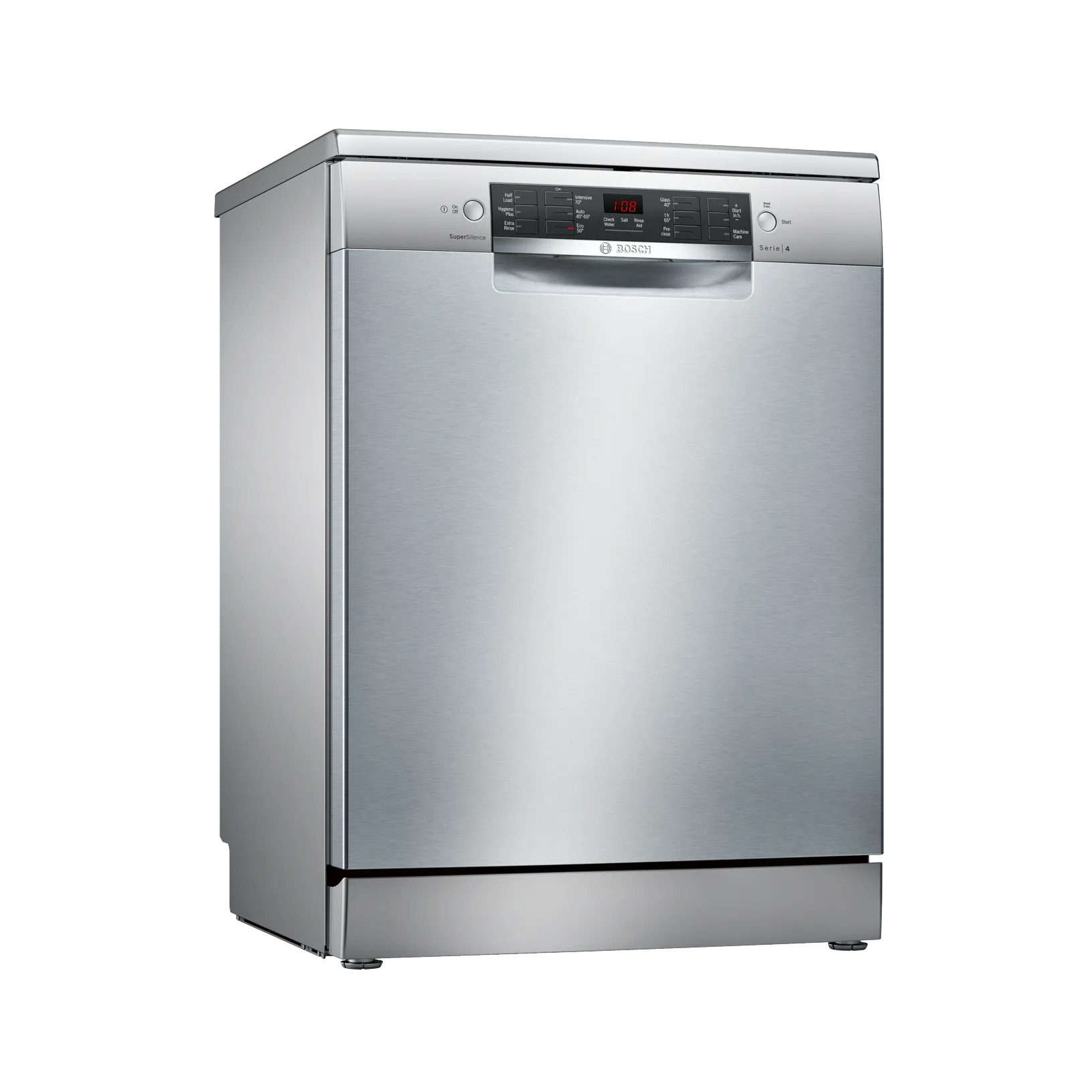 "ماشین ظرفشویی بوش با طراحی مدرن از جنس استیل ضد زنگ، دارای پنل کنترل دیجیتال و دکمه‌هایی در قسمت بالای جلویی."