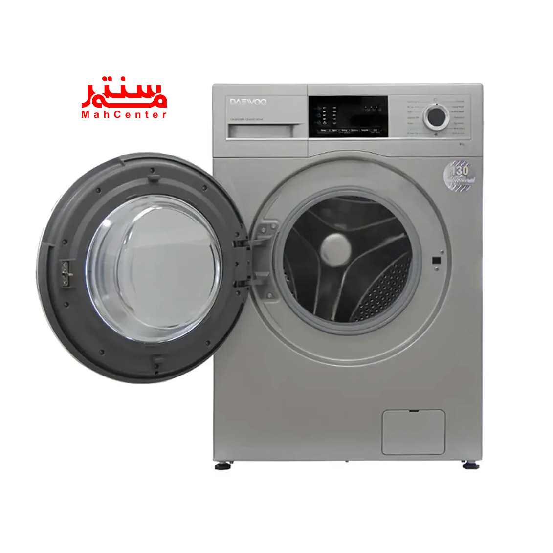 ماشین لباسشویی دوو سری کاریزما 8 کیلویی مدل LM-840S با بدنه نقره‌ای براق، مناسب برای دکوراسیون مدرن آشپزخانه.