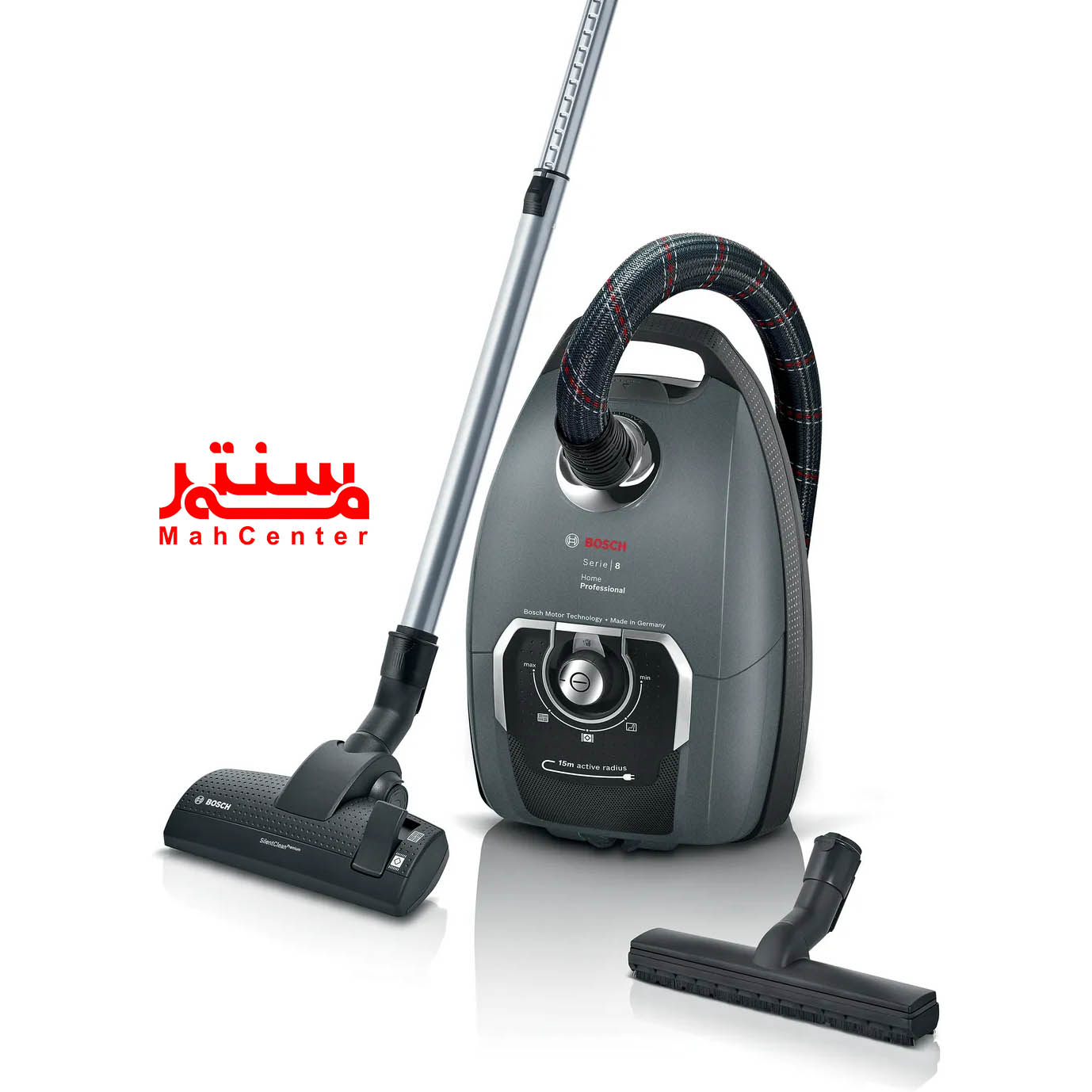 نمای نزدیک از پنل کنترلی جاروبرقی بوش BGL8PRO5 با ولوم چرخشی برای تنظیم آسان قدرت مکش متناسب با سطوح مختلف.