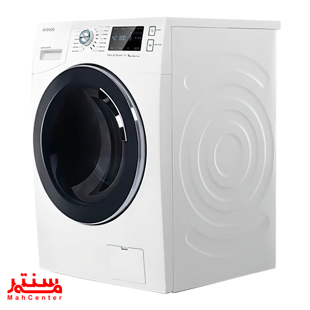 ماشین لباسشویی دوو سری پریمو LM-880W با بدنه سفید براق و درب کرومی، مناسب برای دکوراسیون مدرن.