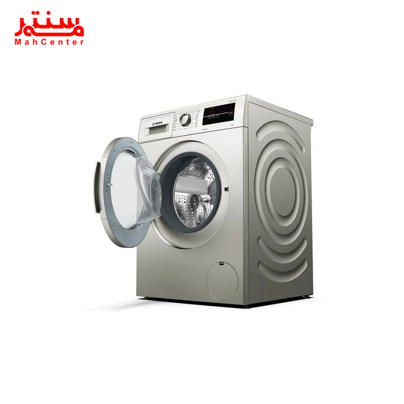 ماشین لباسشویی 7 کیلویی بوش مدل WAJ2017SGC با رنگ نقره‌ای و درب از جلو، مجهز به موتور EcoSilence Drive.