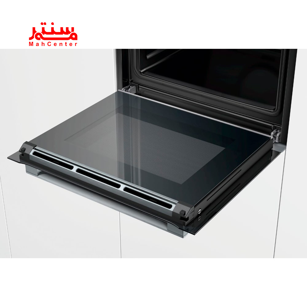 داخل فر توکار بوش HBG6725S1I با مخزن انتراسیت لعابی و ریل‌های تلسکوپی مقاوم در برابر حرارت.