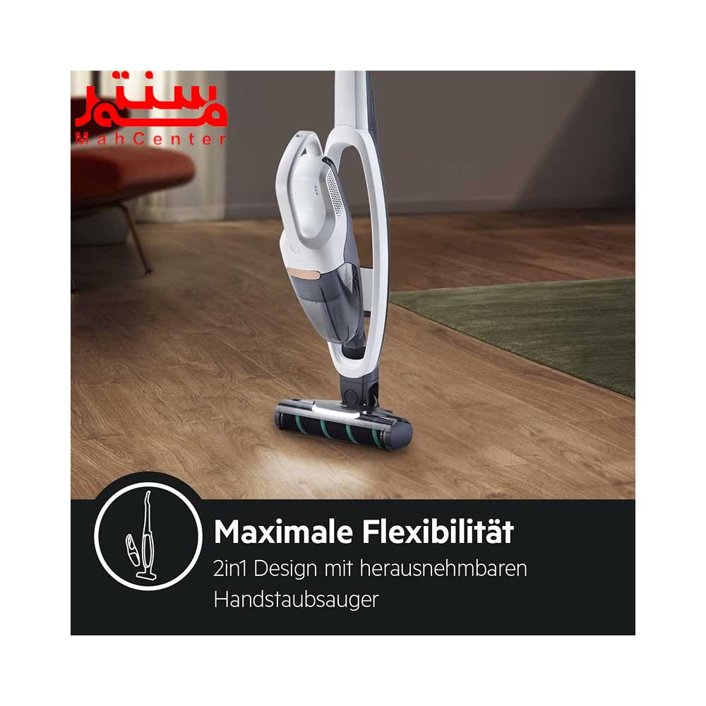 جارو شارژی آاگ مدل qx8-2-palr در حال نظافت خانه