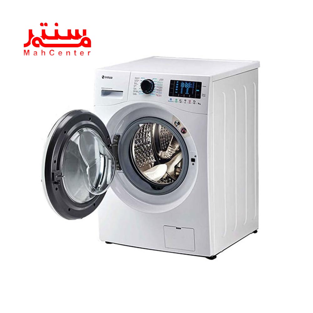 نمای بالایی با درب باز ماشین لباسشویی هوشمند اسنوا سری اکتا پلاس 9 کیلویی مدل swme92 سفید