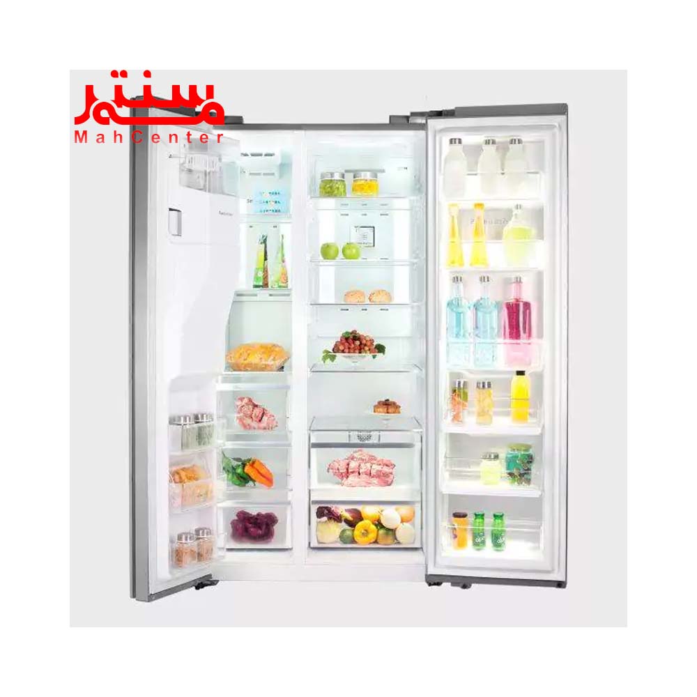 نمای روبه رویی با درب های کاملا باز و پر از مواد غذایی ساید بای ساید اسنوا 28 فوت سری فرنیا مدل s3dis100