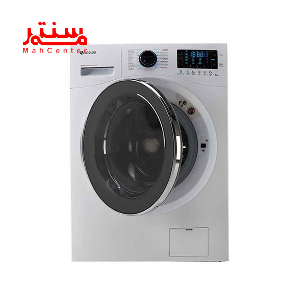 نمای روبه رویی با درب نیمه باز ماشین لباسشویی هوشمند اسنوا سری اکتا پلاس 9 کیلویی مدل swme92 سفید