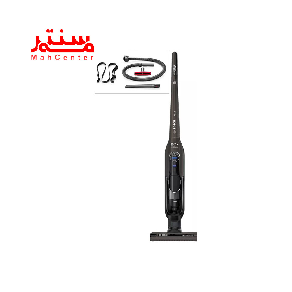 نمای روبه رویی و اقلام همراه جارو شارژی بوش مدل bch65rt25k