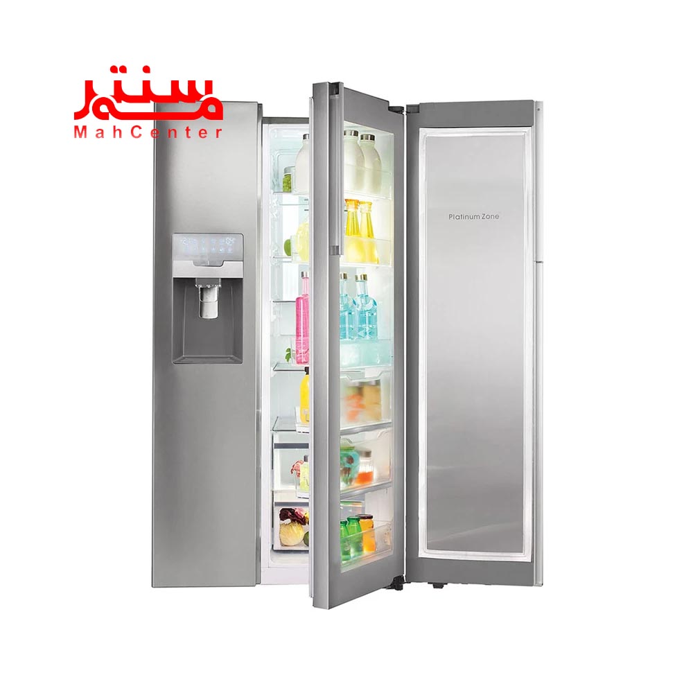 نمای روبه رویی با درب های باز و پر از مواد غذایی ساید بای ساید اسنوا 28 فوت سری فرنیا مدل s3dis100