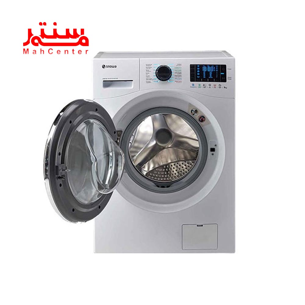 نمای روبه رویی با درب باز ماشین لباسشویی هوشمند اسنوا سری اکتا پلاس 9 کیلویی مدل swme92 سفید