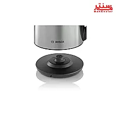 تصویر یک چای‌ساز برقی بوش با بدنه فلزی و قوری شیشه‌ای روی کتری را نشان می‌دهد. - دوم