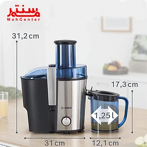 آبمیوه‌گیری بوش مدل MES4000 با بدنه استیل ضدزنگ و طراحی مدرن روی کابینت آشپزخانه