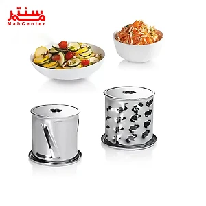این تصویر دو کاسه حاوی غذا را نمایش می‌دهد که در بالای دو قطعه فلزی استوانه‌ای قرار گرفته‌اند. به نظر می‌رسد که این قطعات، رنده‌های دستگاه غذاساز یا خردکن باشند.