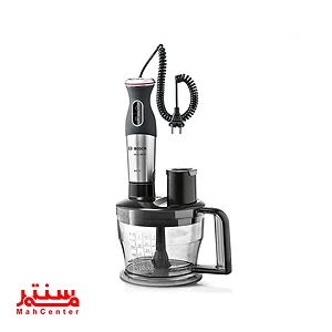 گوشت‌کوب برقی بوش MSM88190 با موتور 800 وات و طراحی ارگونومیک، در حال خرد کردن سبزیجات در ظرف شفاف 600 میلی‌لیتری.