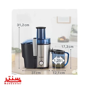 آبمیوه‌گیری بوش مدل MES4000 با بدنه استیل ضدزنگ و طراحی مدرن روی کابینت آشپزخانه