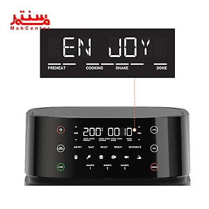 سرخ‌کن بدون روغن مشکی رنگ به نام Nutricook دیده می‌شود که سبد آن پر از سیب‌زمینی سرخ شده است.